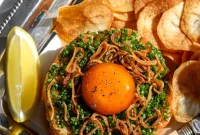 Spicy Salmon Tartare with Soy-Cured Egg and Crispy Chips Recipe