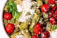 Pesto Rigatoni with Burst Cherry Tomatoes and Burrata