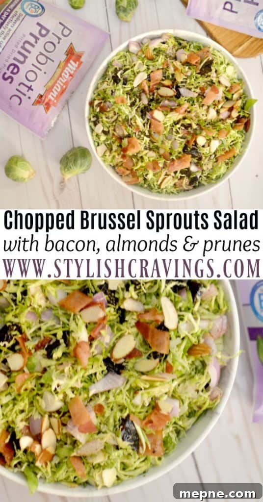 Chopped Brussel Sprouts Salad with bacon, red onions, almonds and prunes. Chopped Brussel Sprouts Salad