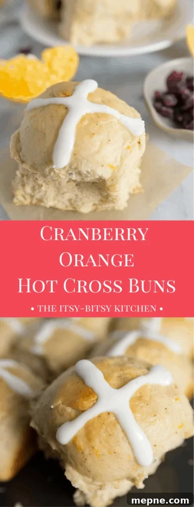 Cranberry Orange Hot Cross Buns Recipe 2 Pinterest image for cranberry orange hot cross buns with text overlay