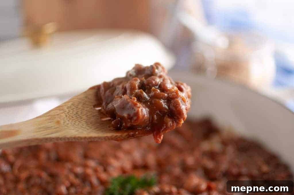 35 Classic Casserole Recipes That Have Everyone Coming Back 7 A wooden spoon holds a serving of Baked Bean Casserole above a pot filled with more bean casserole.