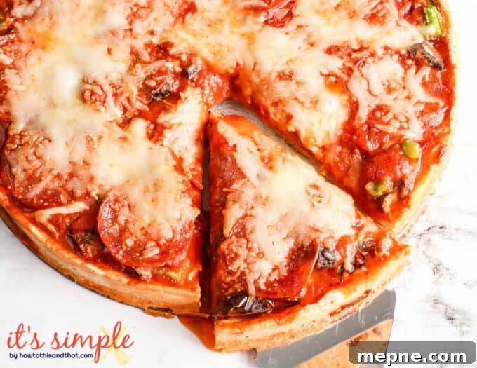 low carb deep dish pizza on a plate. 