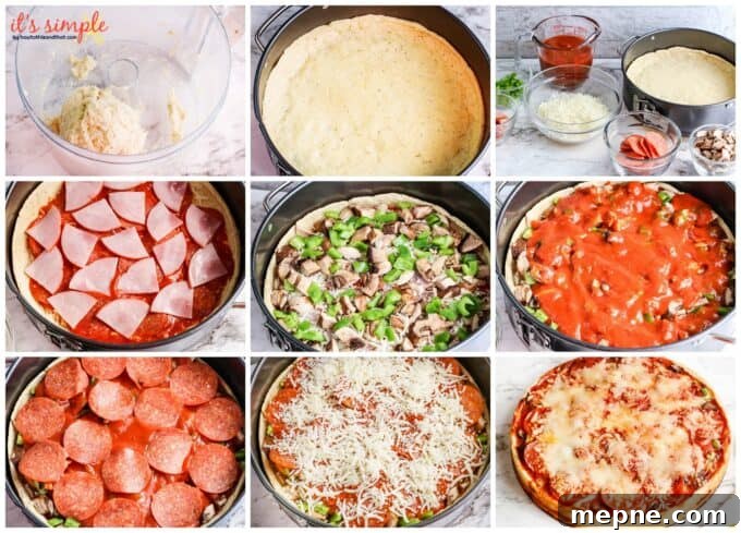 step by step instruction photos on assembling deep dish keto fat head dough.