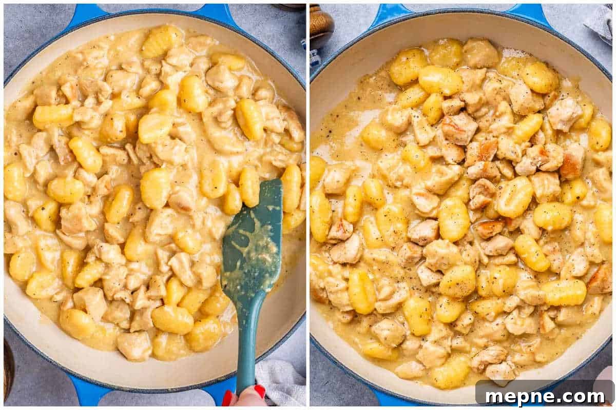 Gnocchi Carbonara: Creamy Pancetta and Parmesan 6 process shot of cooking the creamy gnocchi and chicken and serving.