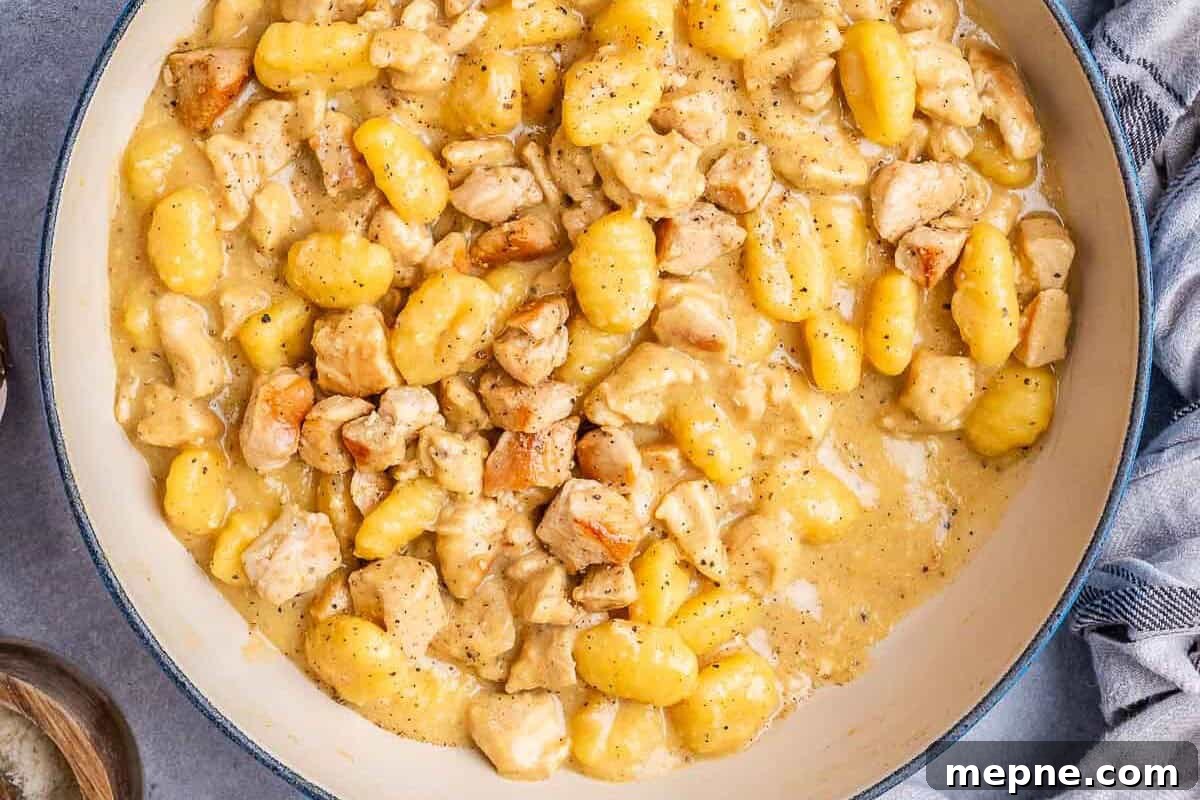 Gnocchi Carbonara: Creamy Pancetta and Parmesan 7 creamy chicken and gnocchi in a skillet.