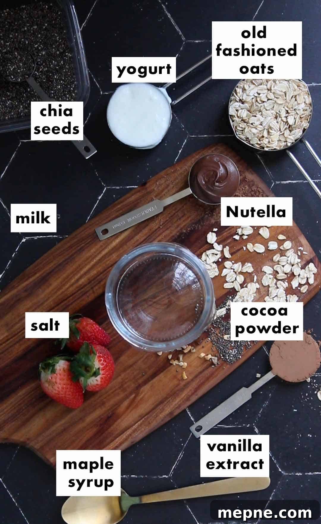 Nutella overnight oats ingredients: old fashioned oats, milk, whole milk plain yogurt, maple syrup, Nutella, chia seeds, vanilla extract, cocoa powder, and salt.