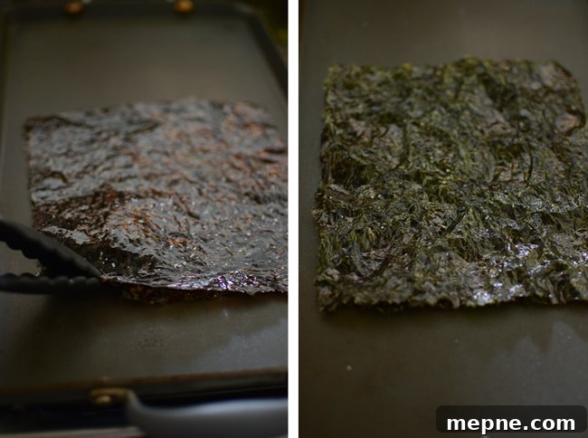 How to Make Crispy Roasted Seaweed Snacks at Home 6 Oiled and seasoned seaweed sheet is roasting in a hot griddle.