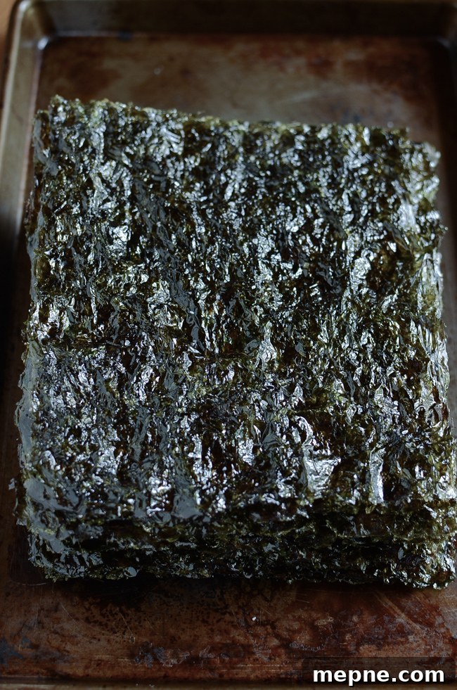 How to Make Crispy Roasted Seaweed Snacks at Home 7 Stacks of homemade roasted seaweed sheets are showing their sheen.