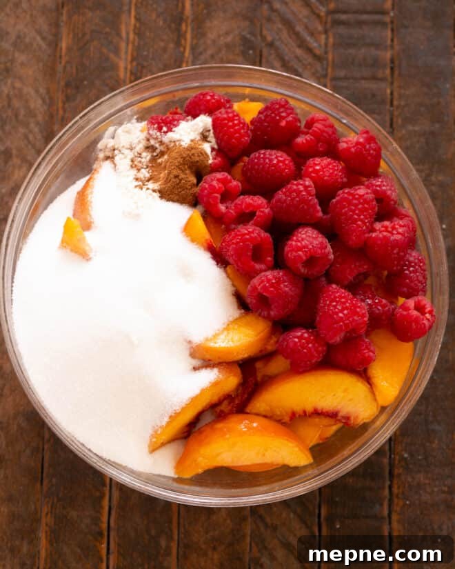Peach Raspberry Crisp Recipe with Crunchy Oat Topping 5 Collage of process shots for peach raspberry crisp.