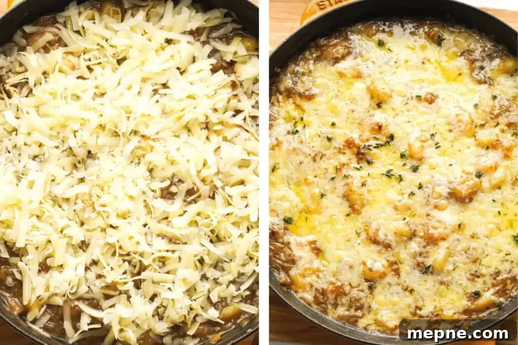 French Onion Gnocchi with Gruyere 11 before and after of french onion gnocchi in a skillet with shredded cheese and compared to the same skillet with melted cheese and garnished with thyme