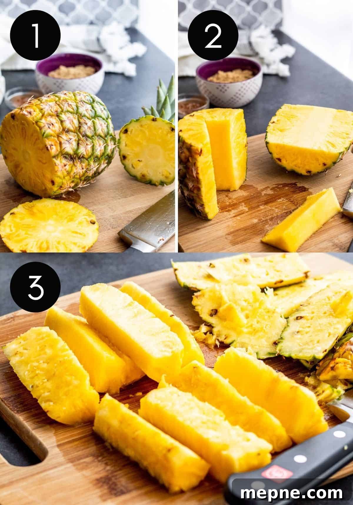 Three image collage showing pineapple being sliced.