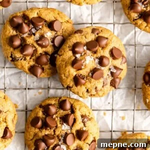 Close up overhead view of vegan gluten-free chocolate chip cookies in a wire rack.