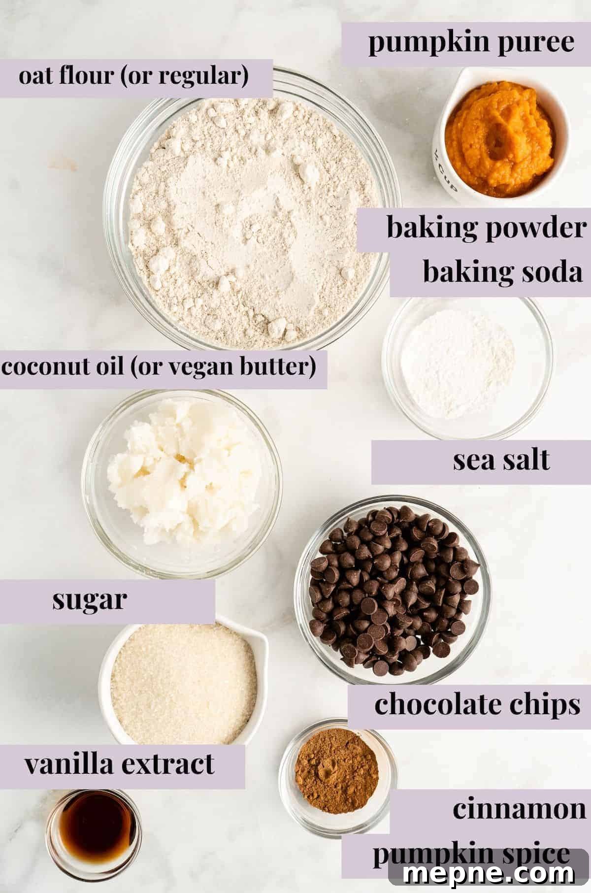 These vegan gluten-free chocolate chip cookies are an easy one-bowl recipe! Make soft, chewy, bakery-style cookies loaded with chocolate. Overhead shot of vegan gluten-free chocolate chip cookies ingredients with text labels overlaying each ingredient.