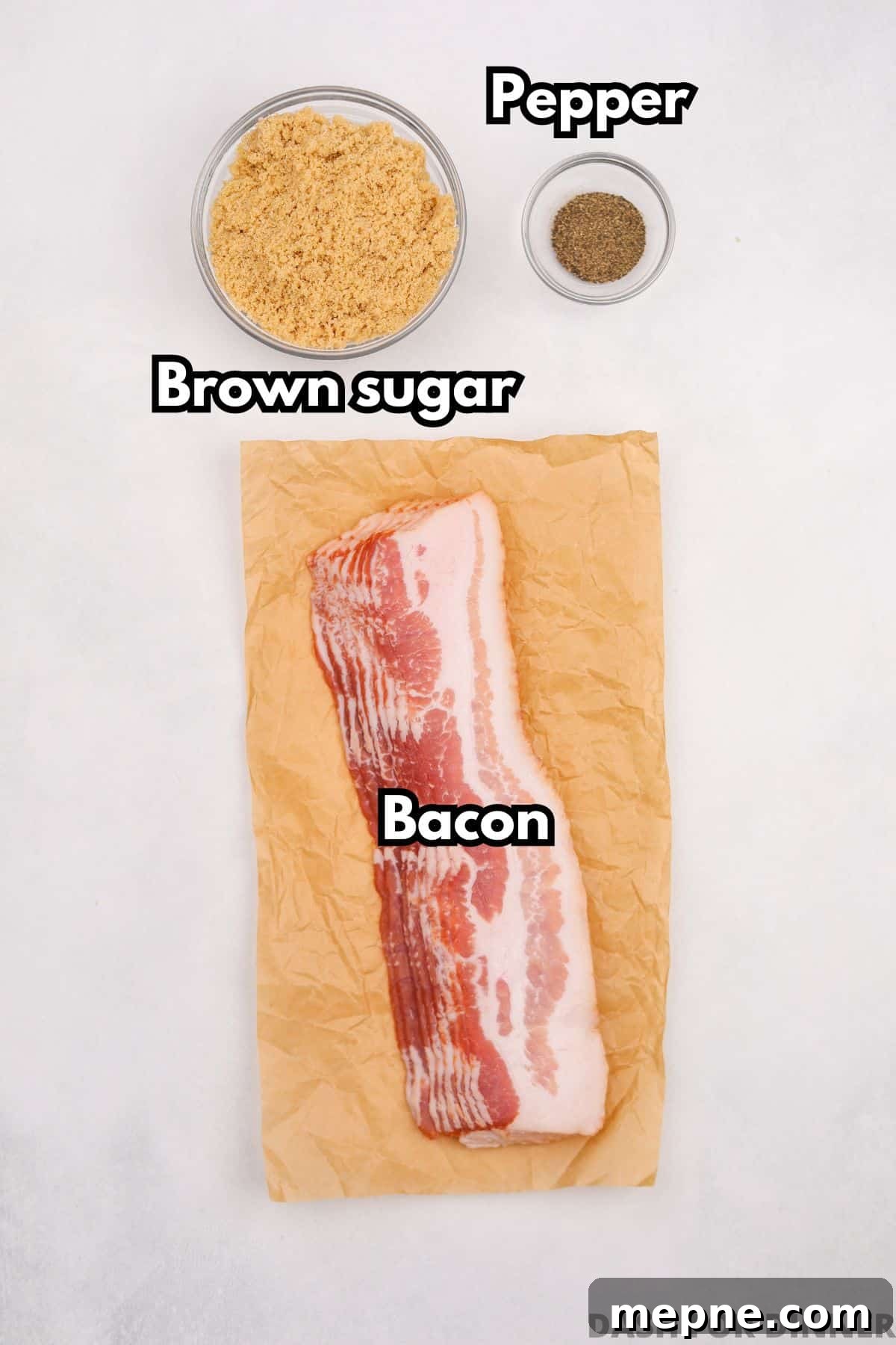 How to Make Candied Bacon: Sweet and Smoky Recipe 3 The ingredients needed to make candied bacon: brown sugar, pepper, and bacon.