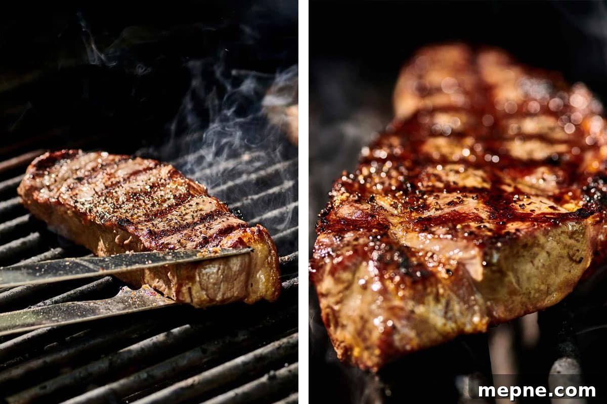 How to Get Perfect Crosshatch Grill Marks on Steak 3 Flipping NY strip steak on grill for crosshatch marks.
