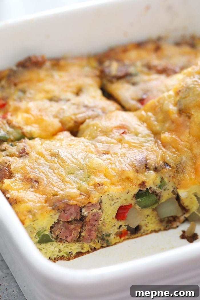chicken fajita breakfast casserole sliced and ready to be eaten