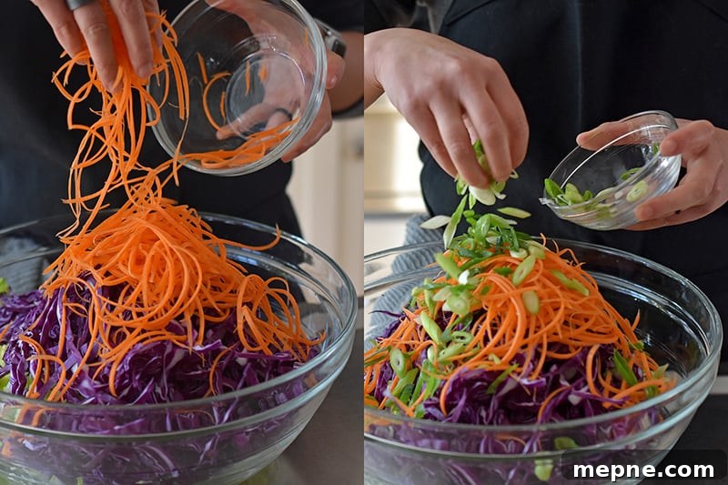 Whole30 Chinese Chicken Salad Gluten Free 7 Combining the vegetables in a large bowl to make Whole30 Chinese Chicken Salad.