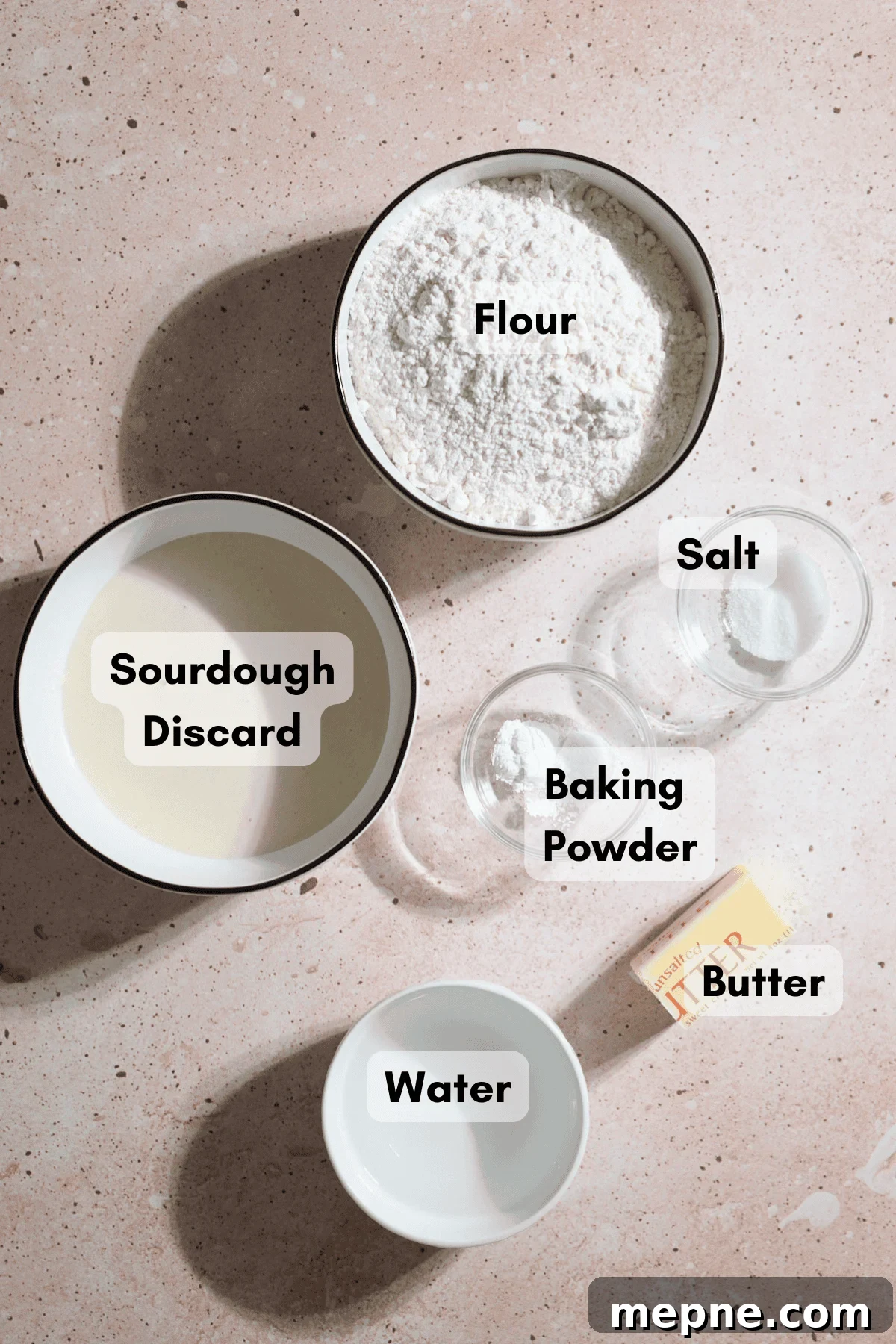 How to Make Sourdough Discard Tortillas 3 Ingredients for Sourdough Discard Tortillas in small bowls.
