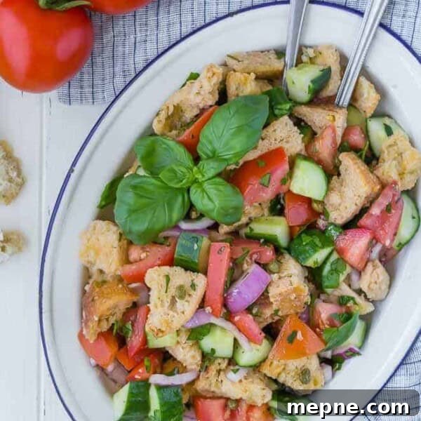 Overhead view of a panzanella salad with tomatoes, cucumbers, herbs, red onion, torn bread, and capers.