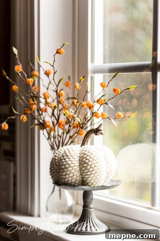 Windowsill with small clear glass vase holding a small sprig of miniature Chinese lantern flowers to add fall color with galvanized pedestal in front holding a white knit pumpkin with curved stem.