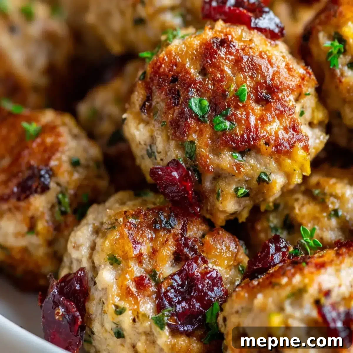Cranberry Turkey Stuffing Balls Holiday Recipe 3 Baked turkey stuffing bites with cranberries and fresh parsley garnish