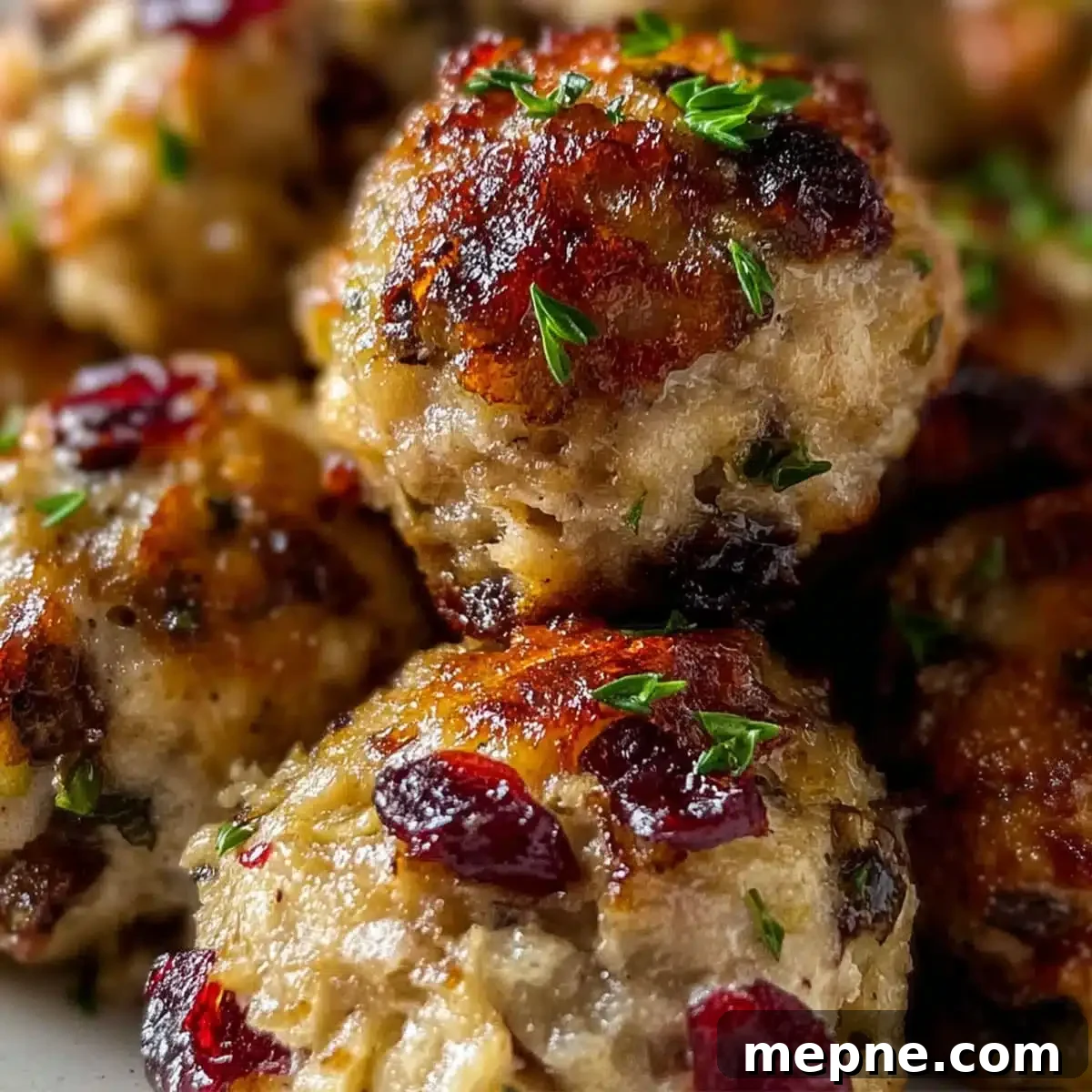 Cranberry turkey stuffing balls with golden crust and herbs