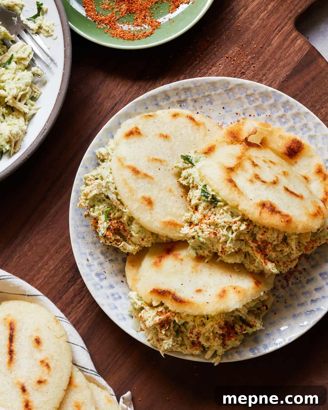 Reina Pepiada Arepa: Avocado and Shredded Chicken 2 Arepa Reina Pepiada Chicken Salad Venezuelan Corn Cakes