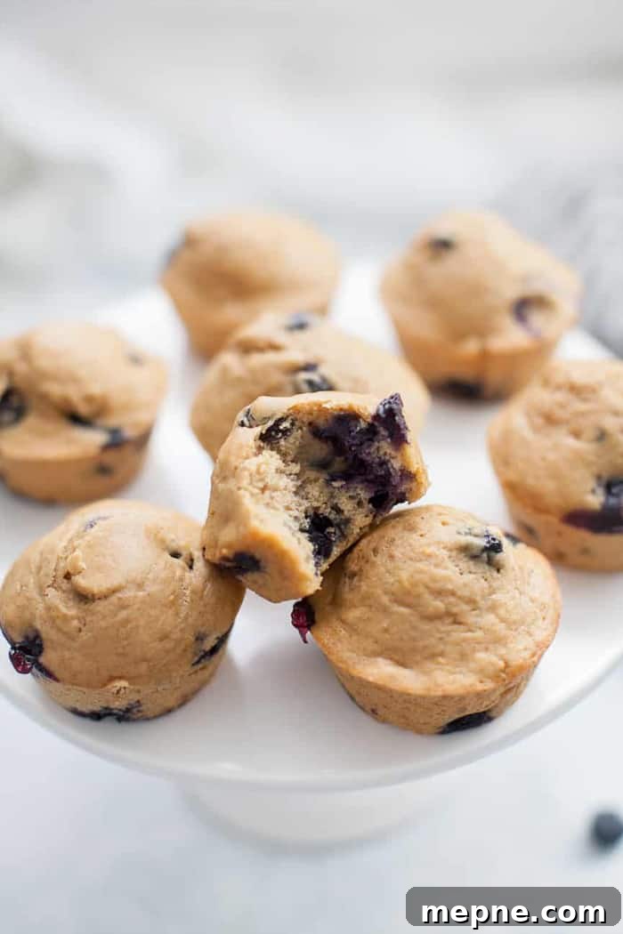 8 blueberry muffins on a white cake stand, with a bite taken out of one