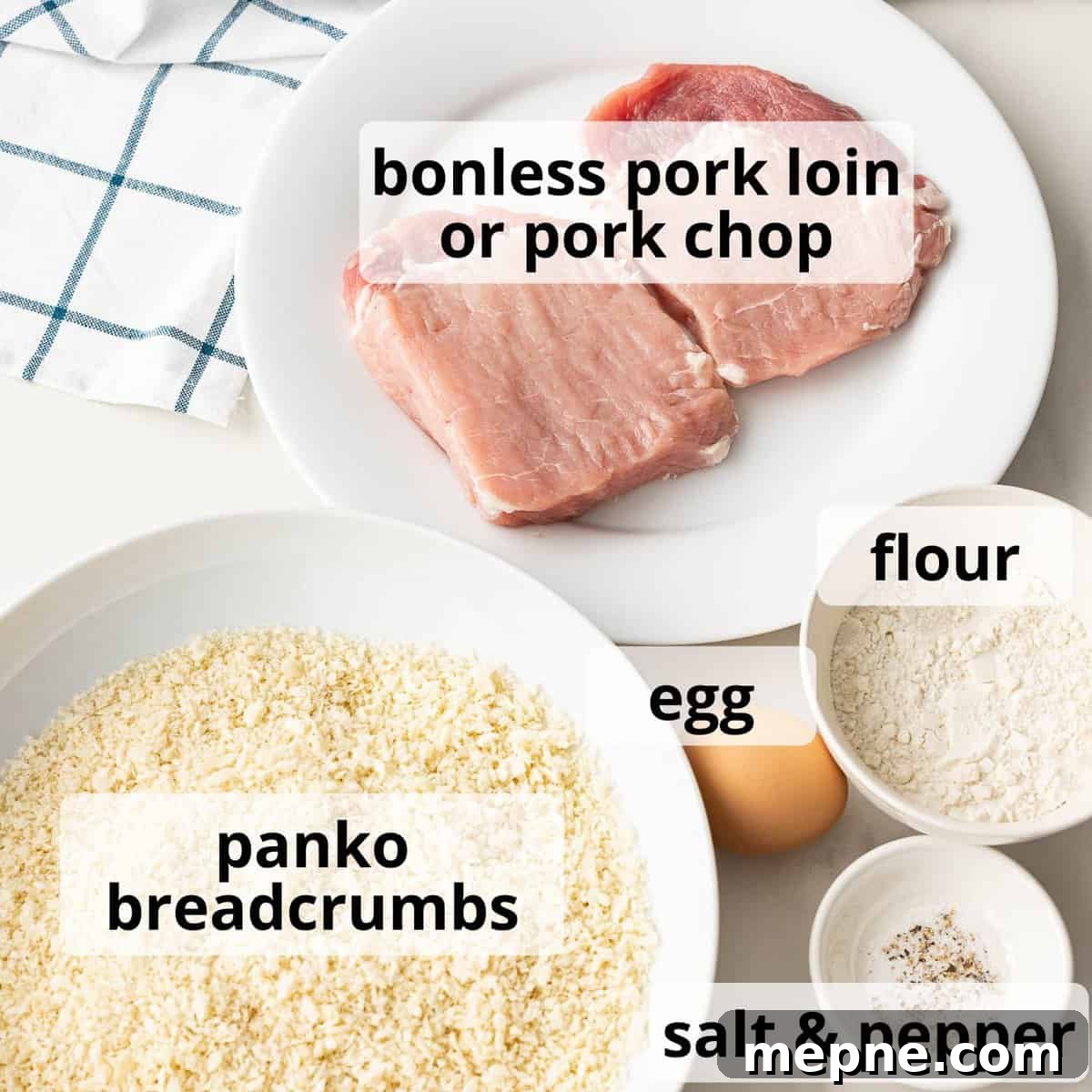 Ingredients for tonkatsu including boneless pork loin and panko breadcrumbs.