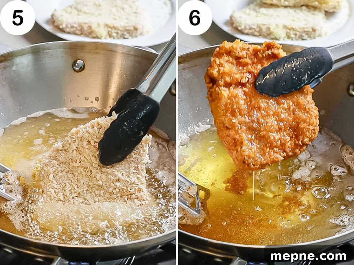 Dredged pork cutlet fried in oil until golden brown.