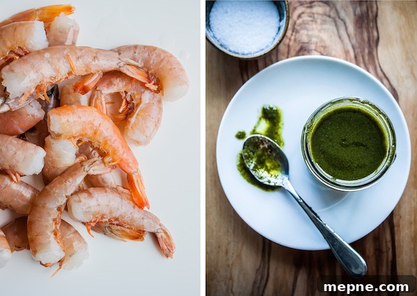 Harissa Grilled Shrimp Skewers with Basil Oil 3 Raw Shrimp and Basil Oil
