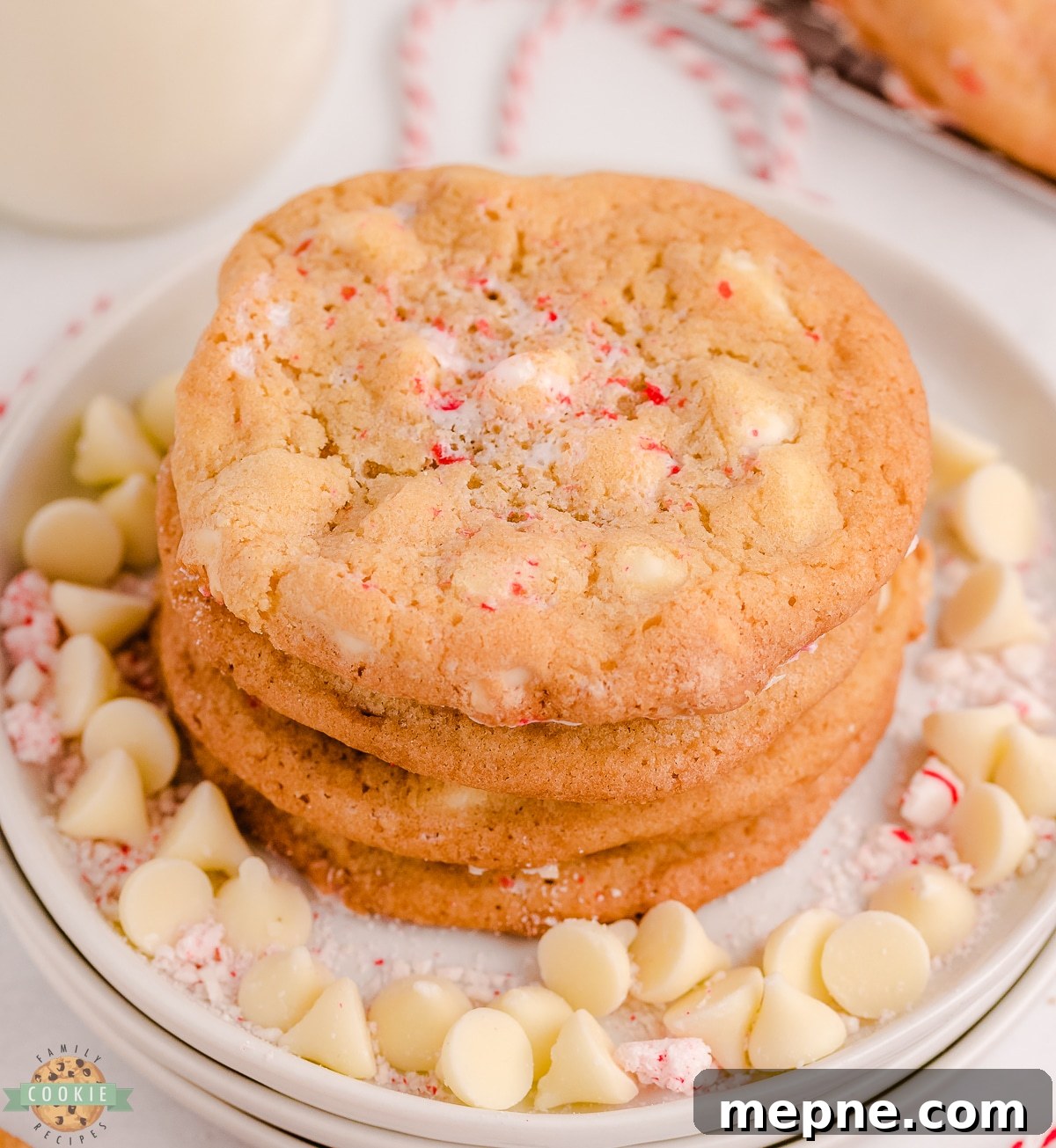 Peppermint White Chocolate Chip Cookies Recipe 3 stack of peppermint white chocolate cookies