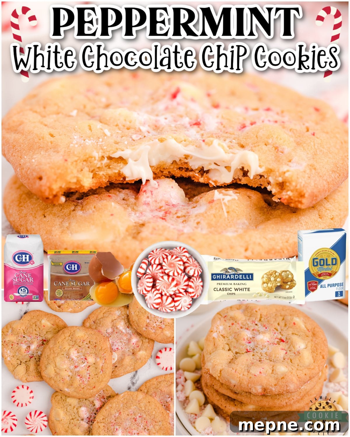Peppermint White Chocolate Chip Cookies Recipe 7 Peppermint White Chocolate Chip Cookies are chewy, buttery cookies with fantastic holiday flavor! Peppermint cookies sweetened with white chocolate chips, perfect for Santa!