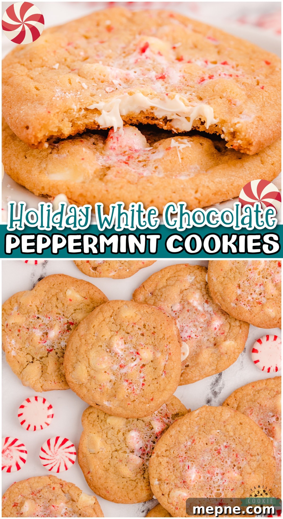 Peppermint White Chocolate Chip Cookies Recipe 8 Peppermint White Chocolate Chip Cookies are chewy, buttery cookies with fantastic holiday flavor! Peppermint cookies sweetened with white chocolate chips, perfect for Santa!