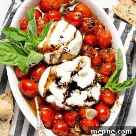 Overhead shot of a white platter filled with roasted tomatoes and burrata garnished with basil