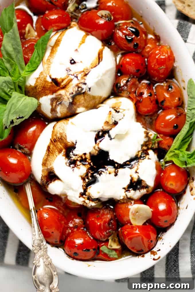 Overhead shot of a white platter filled with roasted tomatoes and burrata garnished with fresh basil