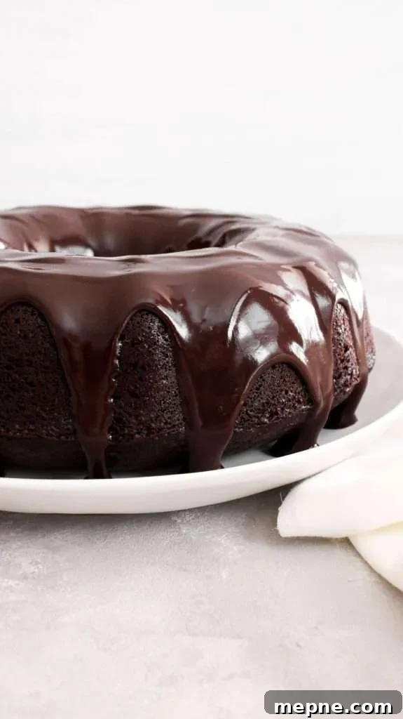 Rich Chocolate Bundt Cake with Silky Ganache Recipe 4 chocolate bundt cake topped with chocolate ganache side view