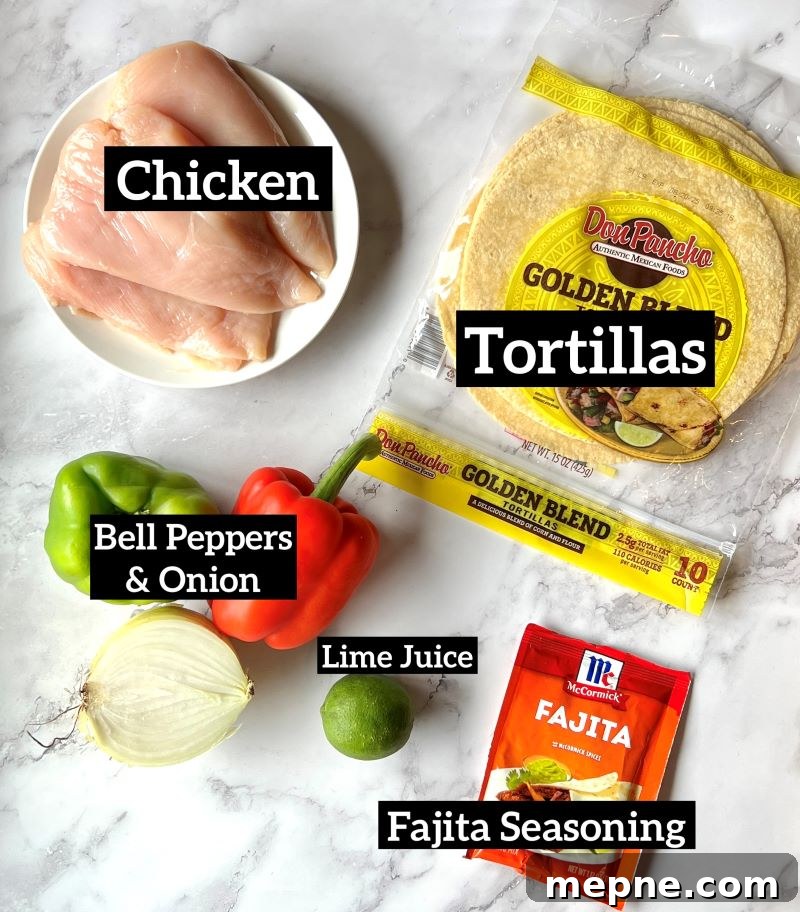 Slow Cooker Chicken Fajitas Recipe with Peppers and Onions 2 Ingredients displayed for slow cooker chicken fajitas. Chicken breast, tortillas, bell peppers and onions, fajita seasoning, and lime juice.