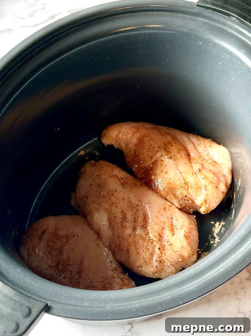 Slow Cooker Chicken Fajitas Recipe with Peppers and Onions 3 Chicken in the slow cooker with fajita seasoning.