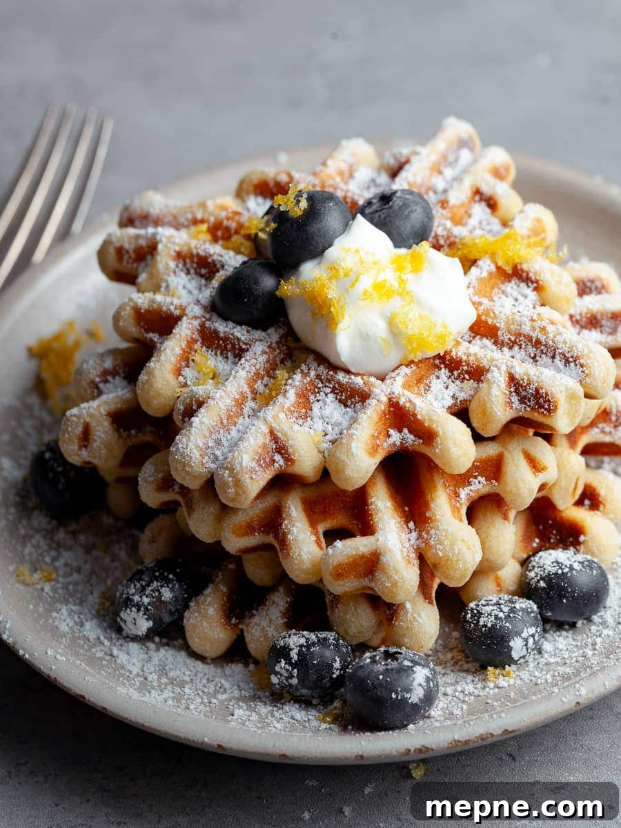 Crispy Gluten Free Waffles Recipe 2 a stack of gluten free waffles topped with powdered sugar, sour cream, fresh blueberries and lemon zest