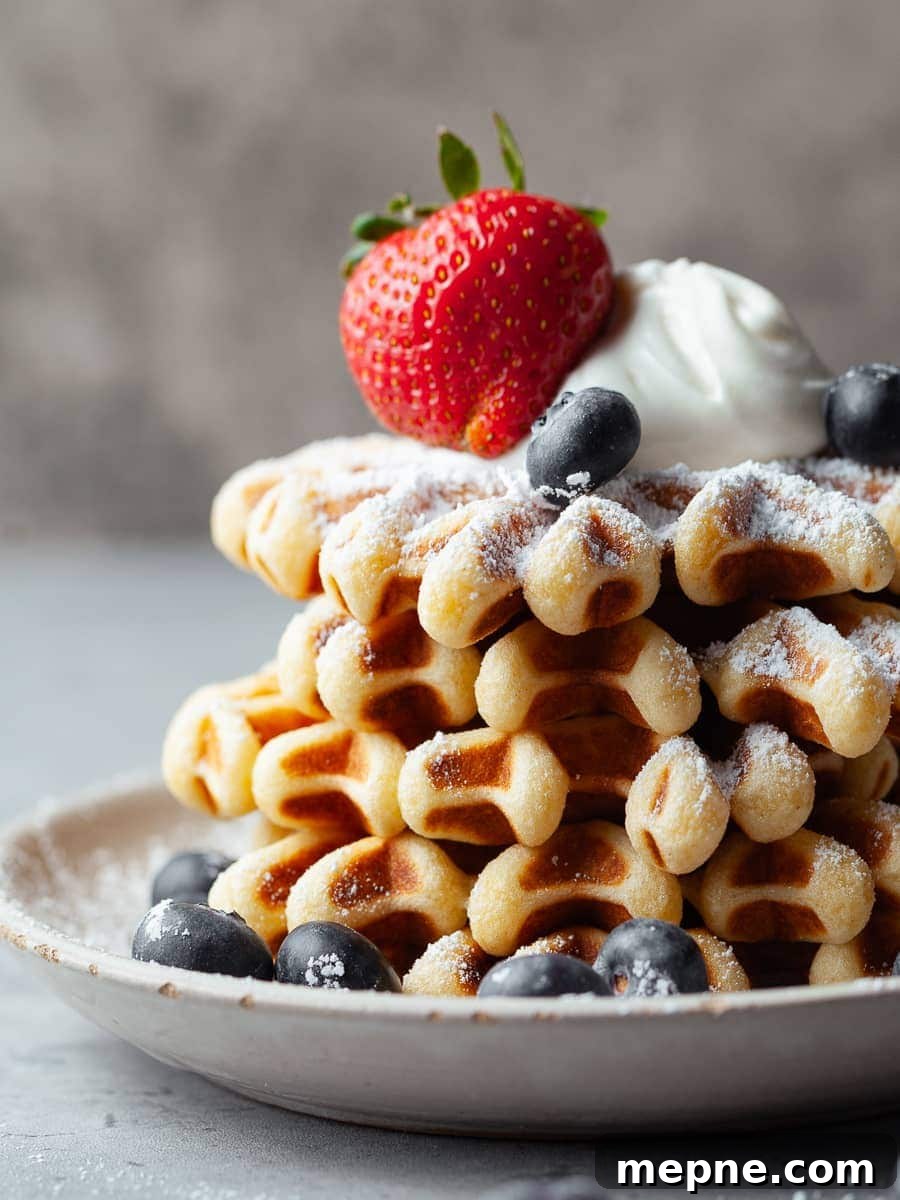 Crispy Gluten Free Waffles Recipe 6 close up of sour cream waffles, gluten free waffles topped with powdered sugar, sour cream and fresh berries