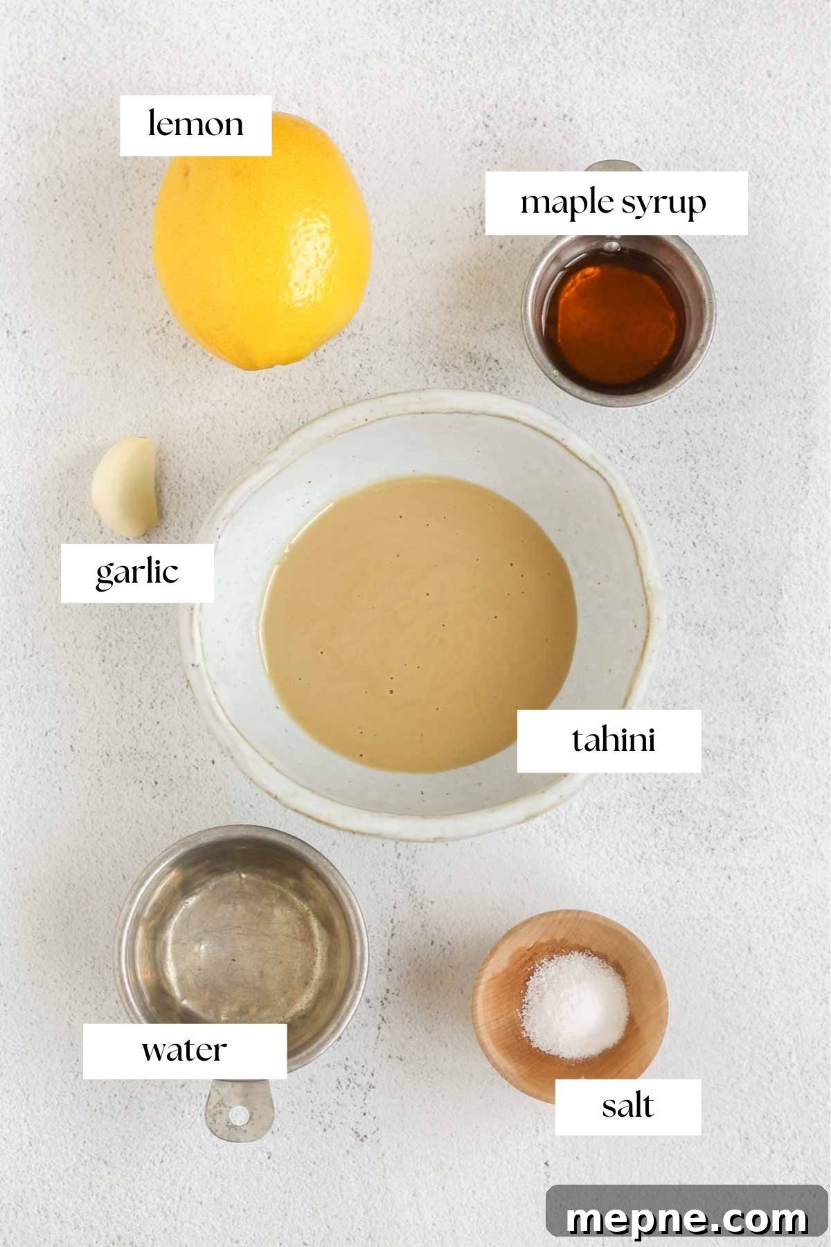 Creamy Maple Tahini Dressing for Salads and Grain Bowls 3 Labeled ingredients for maple tahini dressing.