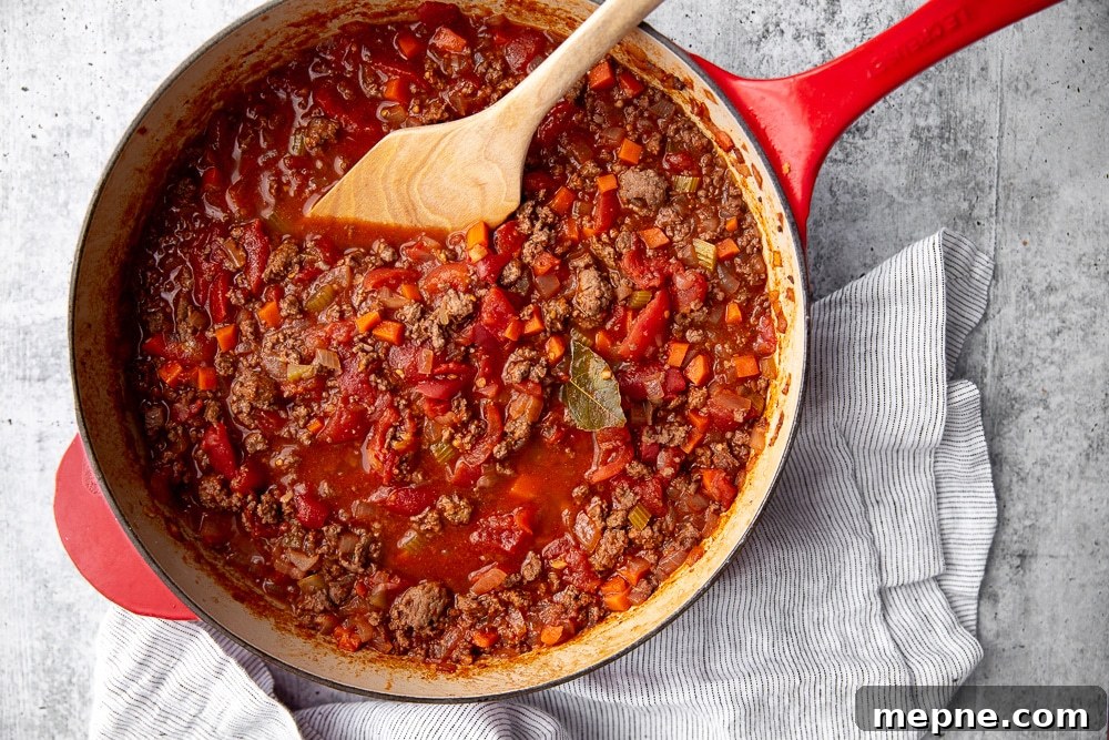 Weeknight Lamb Ragu with Fresh Mint and Ricotta 3 Lamb ragu in skillet with wooden spoon