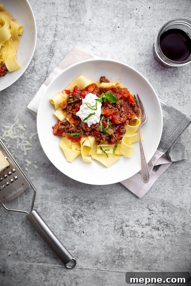 Weeknight Lamb Ragu with Fresh Mint and Ricotta 5 Overhead shot of lamb ragu in bowl with papperdelle pasta, ricotta and mint.