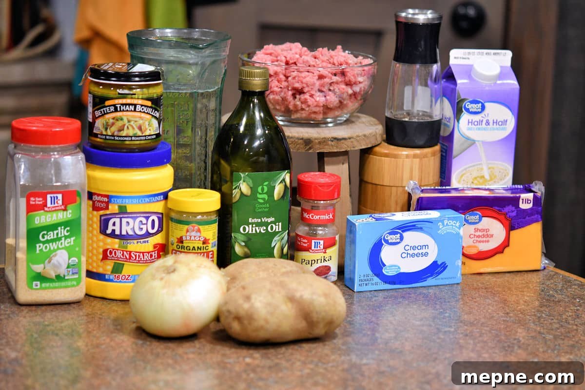 Creamy Instant Pot Cheeseburger Soup Recipe 3 ingredients for cheeseburger soup on a countertop