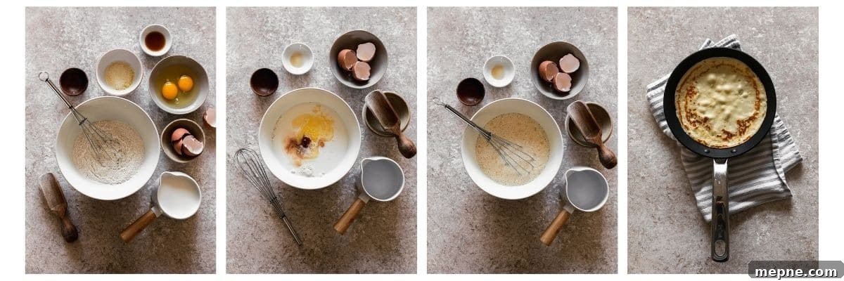 Four overhead images; on the left, a white bowl of dry ingredients surrounded by various white and grey bowls with more baking ingredients on a tan counter.. In the middle left, the white bowl has milk, eggs, and vanilla. In the middle right, the bowl is filled with batter. On the far right, a black pan has a flapjack in the center.