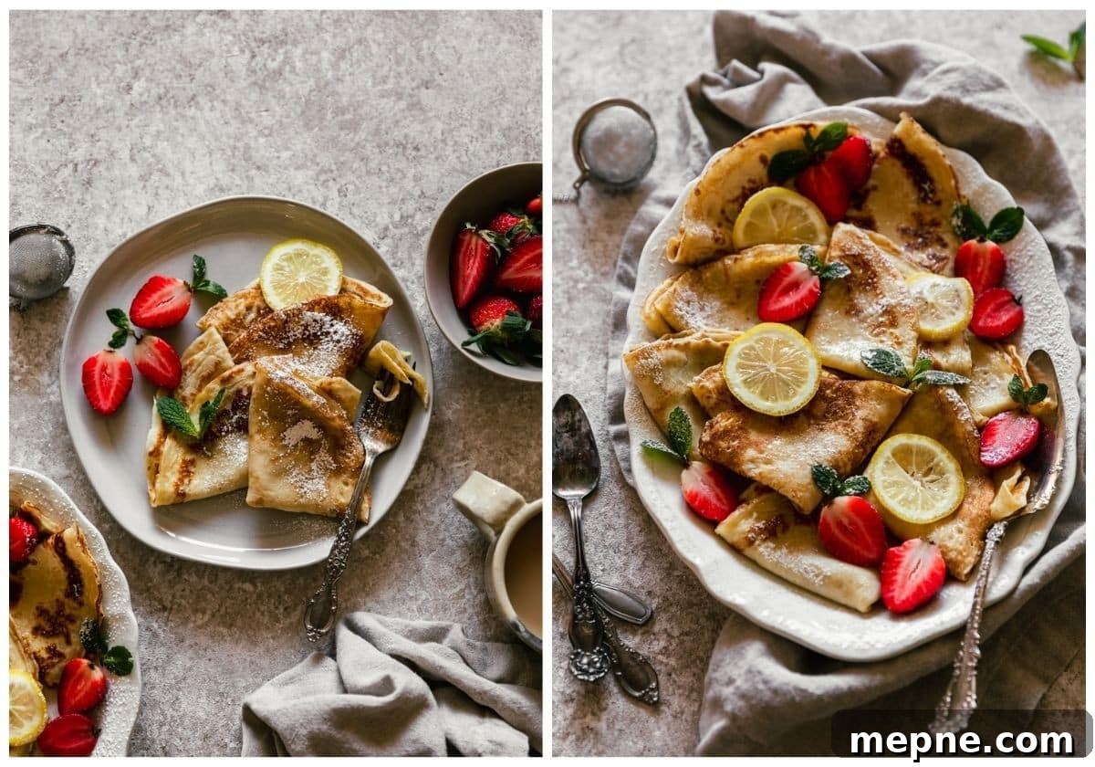 Two images; on the left, a white plate with Norwegian pancakes, berries, and a lemon slice on a tan counter next to a bowl of berries, a tray of pancakes, and a beige linen. On the right, a closeup side image of a white oval tray of pancakes with berries and lemons on a beige linen next to vintage spoons.