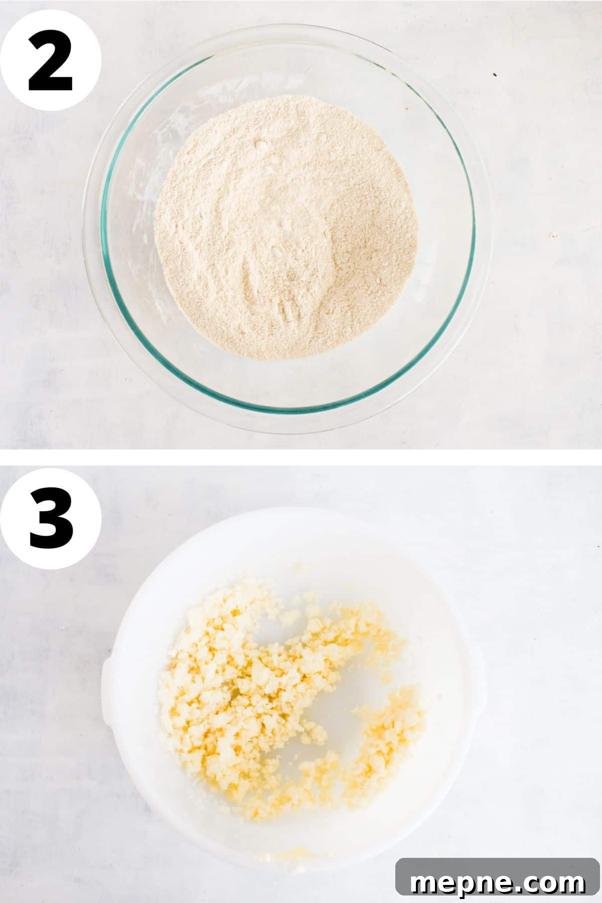two images showing how to whisk dry ingredients and cream butter and sugar together.