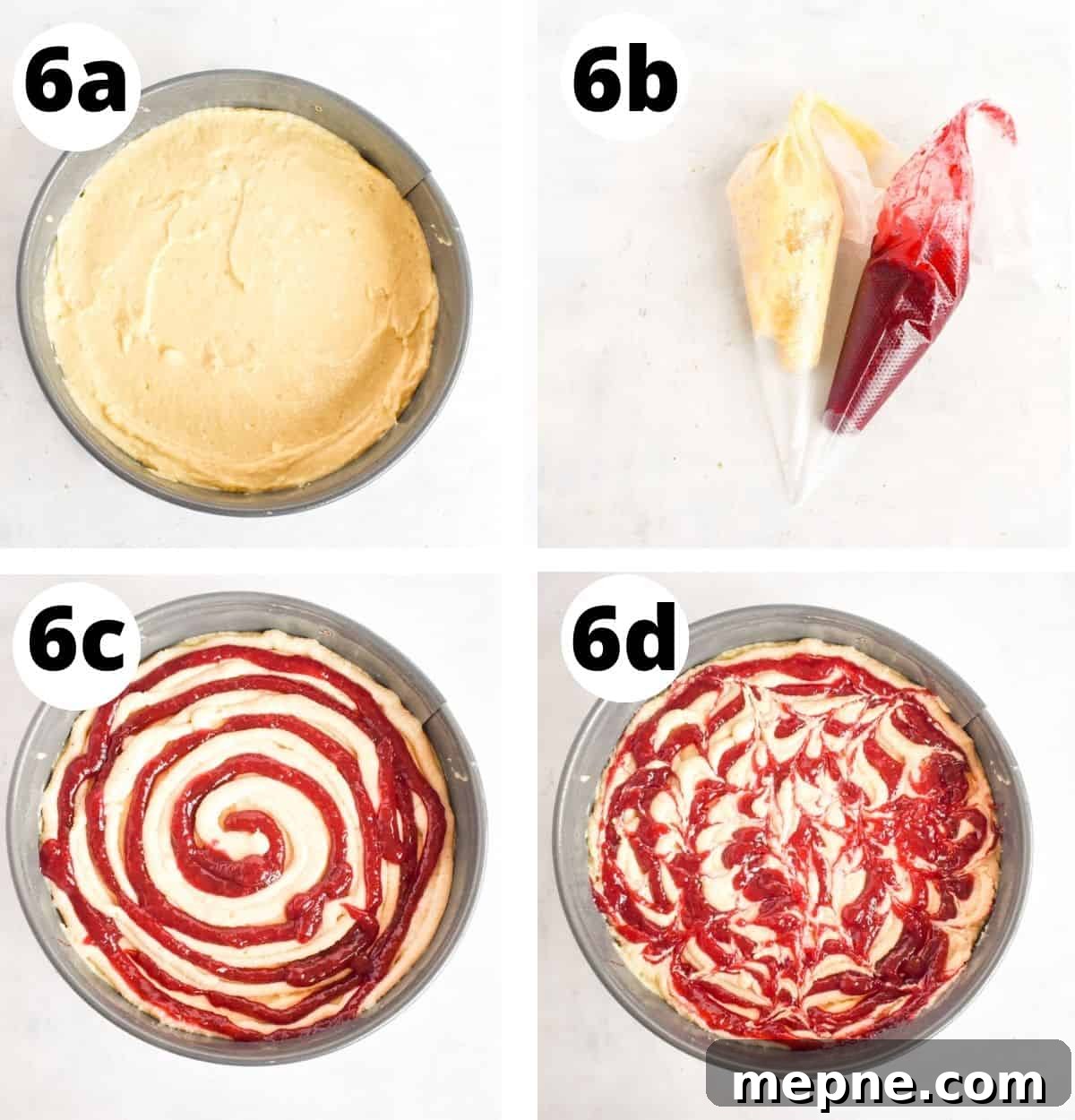 4 images, showing how to swirl in frangipane and raspberry jam. 