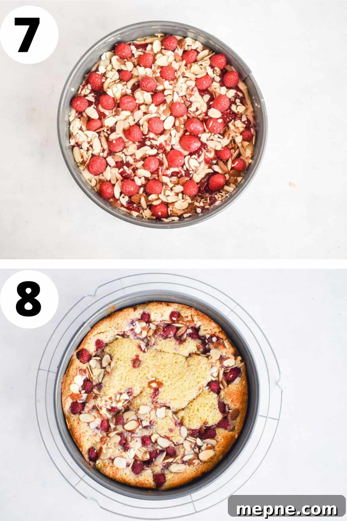 two images showing how to top batter with raspberries and almonds and the baked cake. 